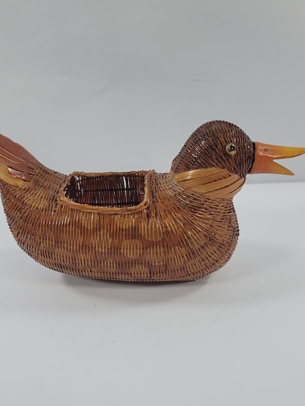 Vintage Wicker Duck Basket Carved Bill